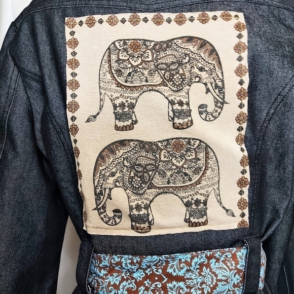 Handcrafted One Of Kind Elephant Themed Denim Jacket Size L - Picture 6 of 10